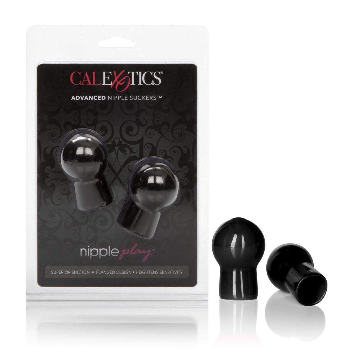 Black Advanced Nipple Suckers from California Exotics, close-up showing silicone cups and adjustable tension for sensitivity.