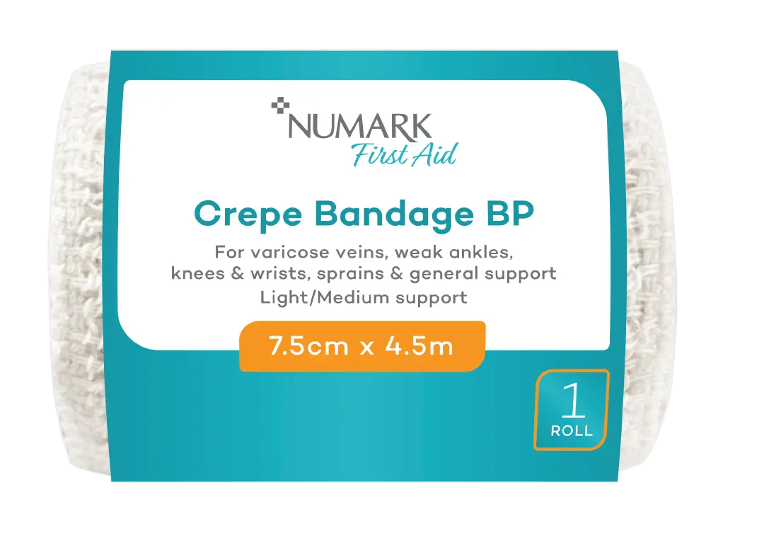 Numark crepe bandage 7.5cm x 4.5m wrapped around a patient's arm for support and compression.