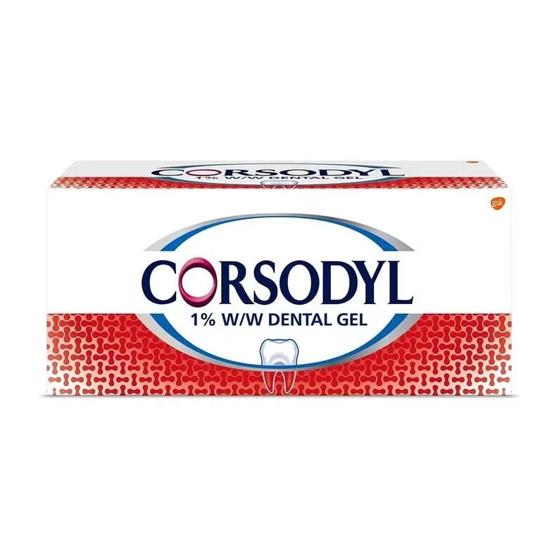 Cured Pharmacy Corsodyl Dental Gel in a 50g tube, showing the product packaging and applicator tip.