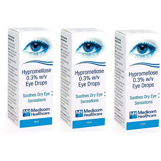 Hypromellose eye drops 0.3% in a clear bottle, designed for soothing and lubricating dry eyes.