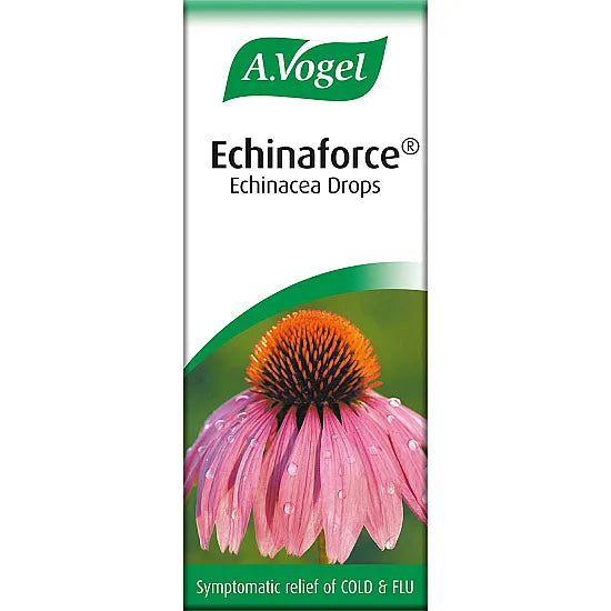 A.Vogel Echinaforce Echinacea Drops in a 50ml bottle, featuring a dropper cap and label with botanical illustrations.