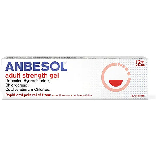 Adult strength Anbesol gel in a 10g tube, showing the clear plastic packaging and product label.