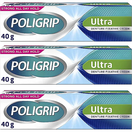 Three tubes of Poligrip Denture Fixative Cream Ultra in 40g packaging, showing the cream and packaging details.
