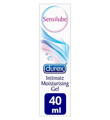 Durex Sensilube intimate moisturizing gel bottle with clear liquid inside, designed for personal comfort and lubrication.