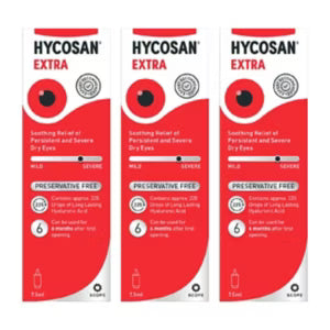Hycosan Extra eye drops in a clear bottle with a white cap, used for artificial tears and eye lubrication.