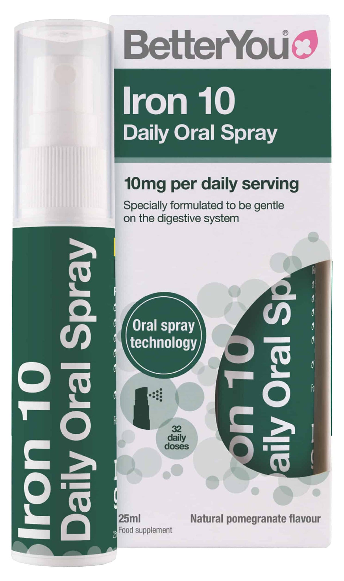 BetterYou Iron 10mg supplement bottle with label showing dosage and branding on a white background.