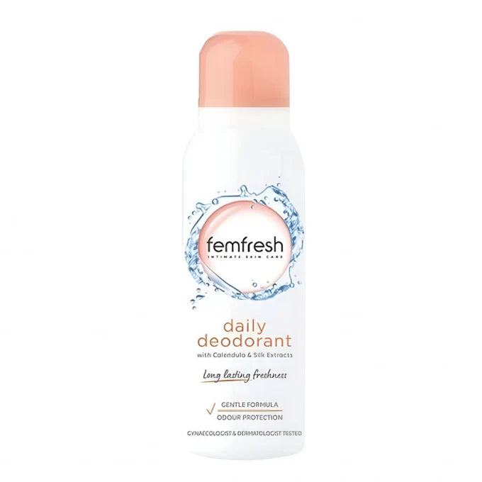 Femfresh deodorant spray 125ml bottle, soft white spray with a clear cap, designed for feminine freshness and odor control.