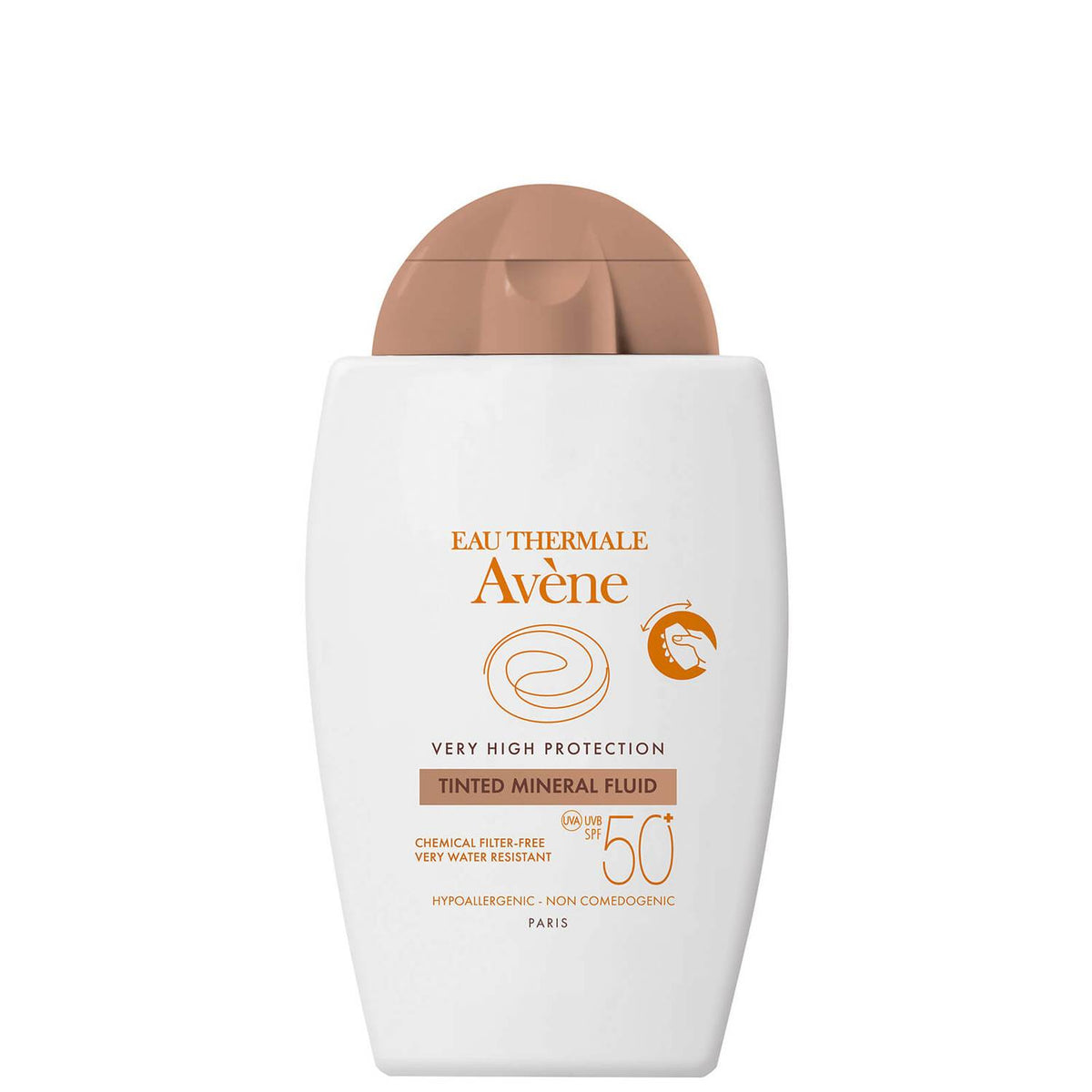 Avene Very High Protection Tinted Mineral Fluid SPF50+ in a 40ml bottle, showing the tube with a tinted, protective skincare formula.