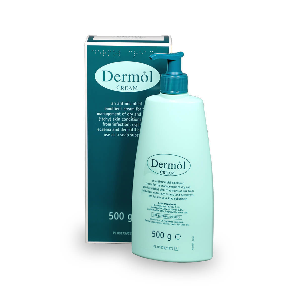 Cream jar labeled Dermol Cream 500g from My Store, showcasing the white and blue packaging on a plain background.
