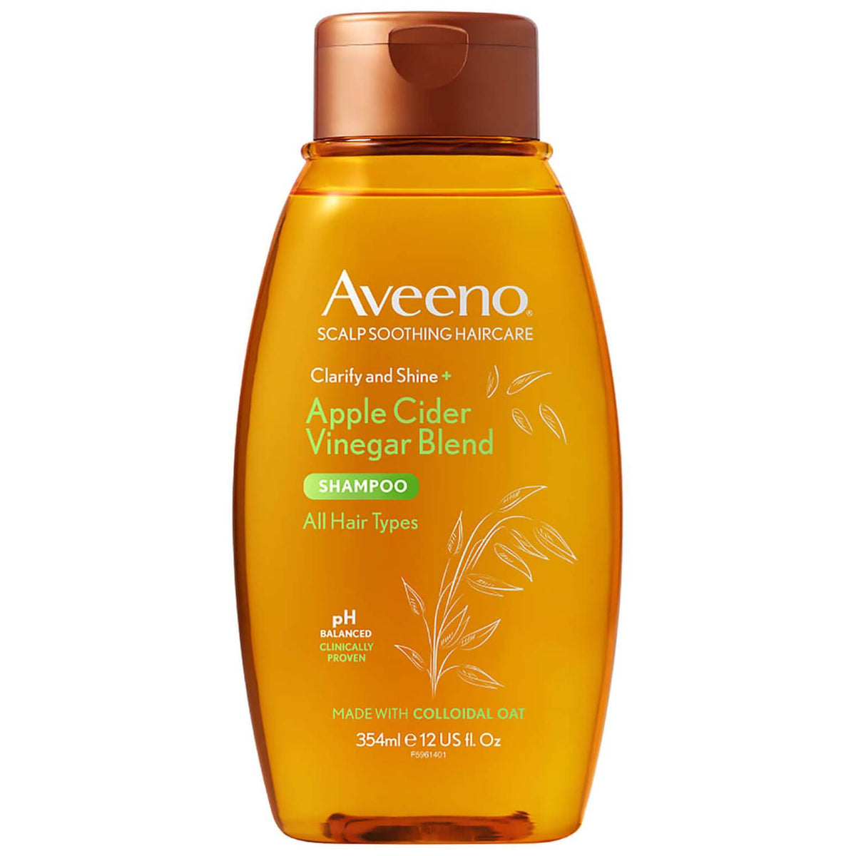 Aveeno Clarify and Shine+ Apple Cider Vinegar Blend Shampoo 354ml bottle with label showing natural ingredients and sleek packaging.