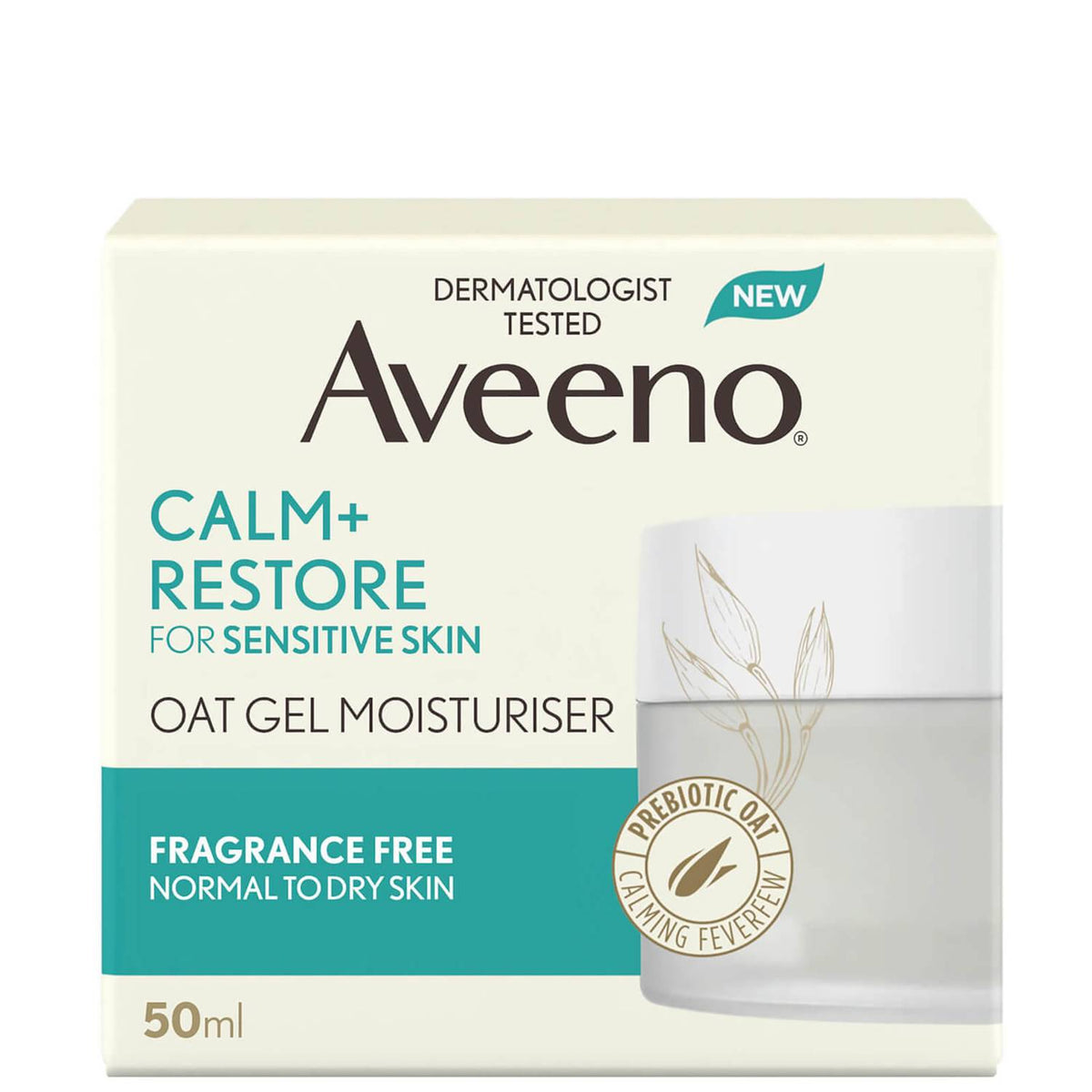 Aveeno Calm & Restore Oat Gel Moisturizer in 50ml jar, featuring soothing oat formula for sensitive skin.