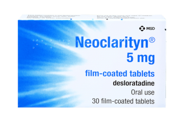 Cured Pharmacy Neoclarityn 5mg tablets, 30 pills in blister pack, for allergy relief and antihistamine treatment.