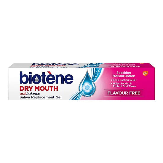 Biotene Oral Balance saliva replacement gel in a 50g tube, shown with its packaging and gel applicator.