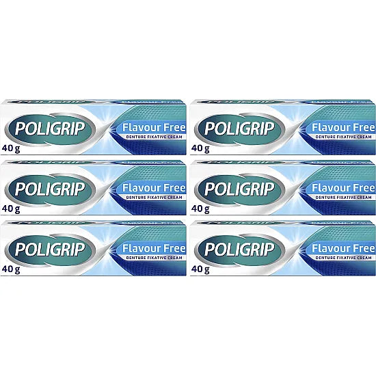 Poligrip Denture Fixative Flavour Free container with white lid and label, showing product details and branding.