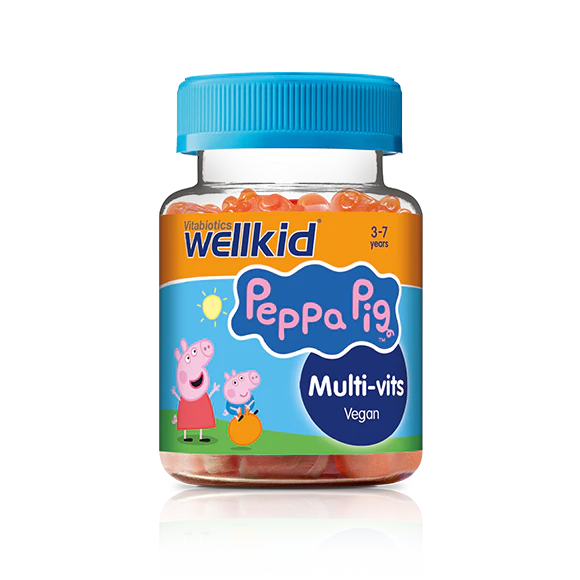 Wellkid Peppa Pig multi-vitamins for kids, 30 chewable tablets with Peppa Pig branding and colorful packaging.