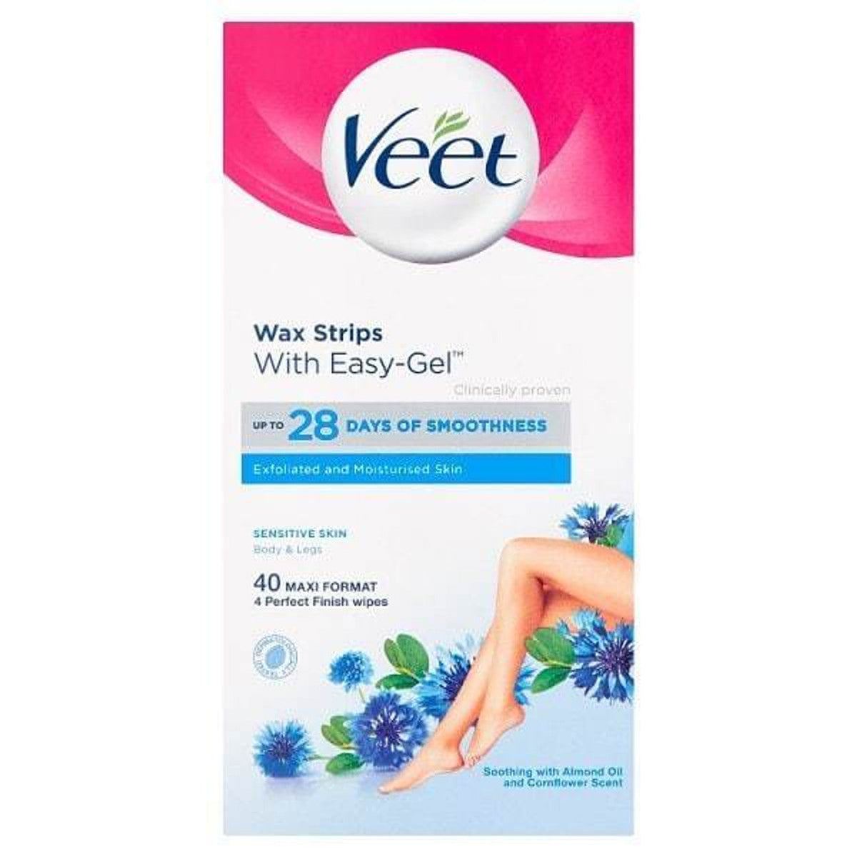 Veet Easy-Gel 20 wax strips with 2 perfect finish wipes for smooth skin, displayed alongside packaging, by Cured Pharmacy.