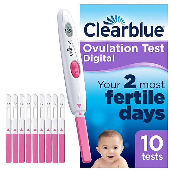 CuredPharmacy Clearblue digital ovulation test kit with one digital holder and ten test strips for fertility tracking.