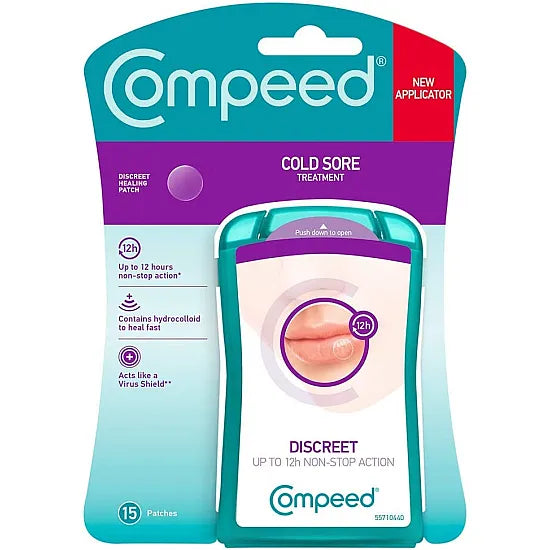 My Store Compeed Cold Sore Discreet Healing Patch pack with 15 small, transparent patches for cold sore treatment on the lips