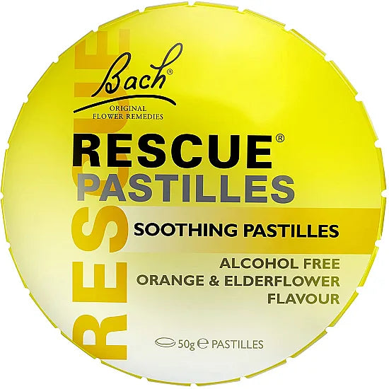 Bach Rescue Pastilles Orange and Elderflower in 50g package, featuring orange and elderflower flavors in a clear container.