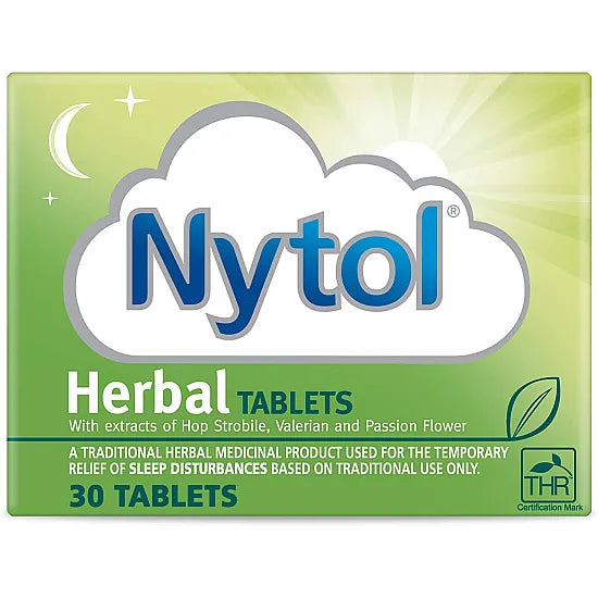 Nytol Herbal 30 tablets box showing herbal sleep aid supplement with natural ingredients and packaging design.