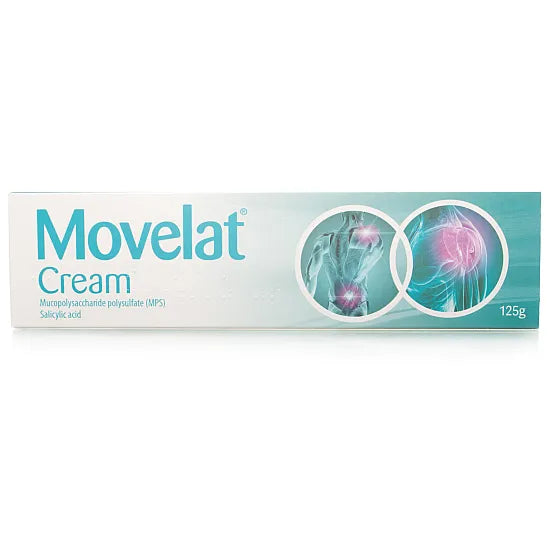 Movelat Relief Cream 125g jar with white lid, showing the product label and packaging for muscle and joint relief.
