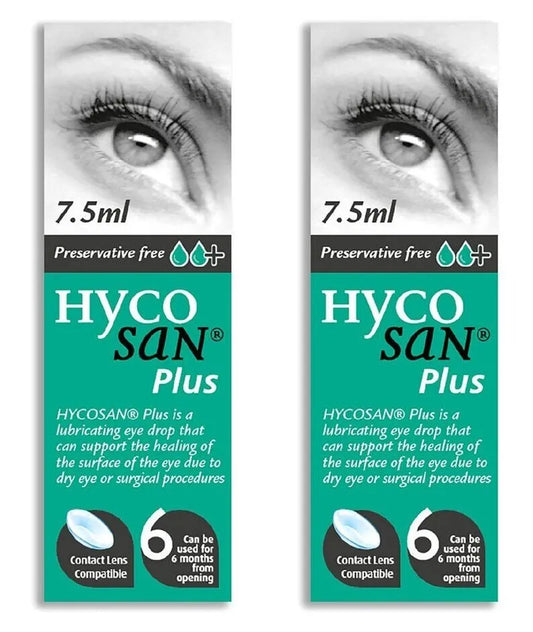 Hycosan Plus eye drops in a white and blue bottle, designed for lubricating and soothing dry or irritated eyes.