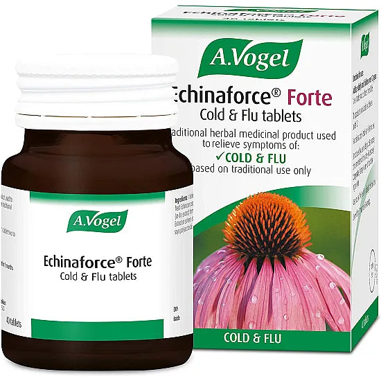 A.Vogel Echinaforce Forte Cold & Flu 40 tablets bottle with label showing herbal supplement for immune support.