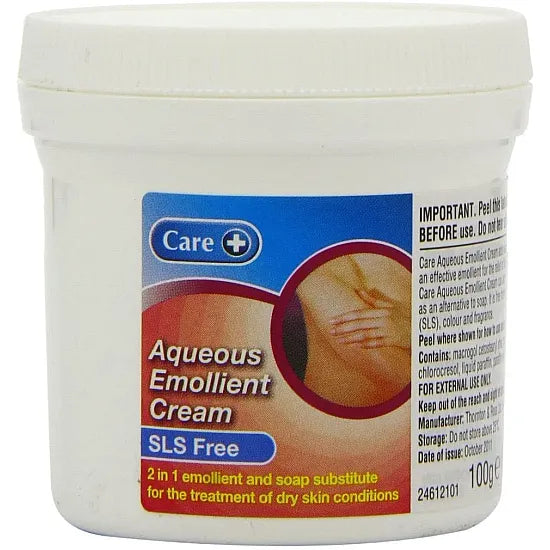 CuredPharmacy Care Aqueous Emollient Cream in 100g jar, SLS-free skincare product with white cream visible in a container