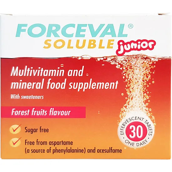 Forceval Junior Multi Vitamin soluble tablets by My Store, showing 30 colorful effervescent tablets in a white container.