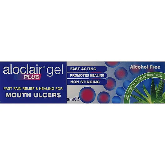 Aloclair Plus Mouth Ulcer Treatment Plus Gel in 8ml tube, showing the gel applicator and packaging for oral sore relief.