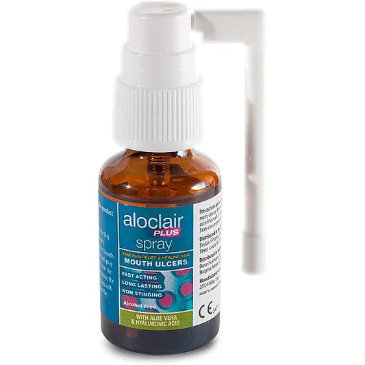 Aloclair Plus Mouth Ulcer Treatment Plus spray bottle with nozzle for soothing oral ulcers and sore mouth relief.