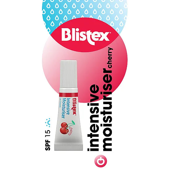 Blistex Intensive Moisturiser Cherry Lip Balm SPF15 in 6ml tube with cherry flavor and moisturizing formula.