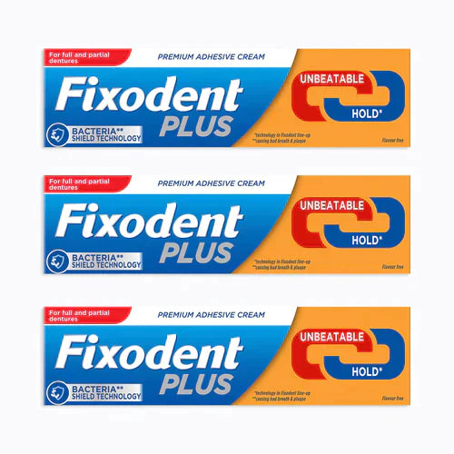 Fixodent Plus Dual Power denture adhesive cream in a 40g tube, featuring strong hold for secure fit.