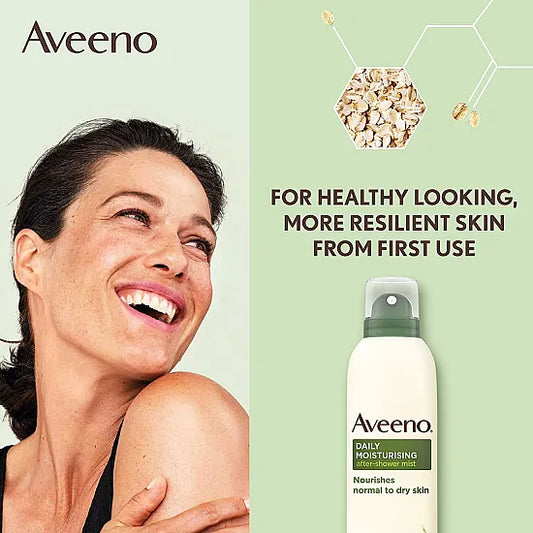 Aveeno Daily Moisturising After Shower Mist 200ml bottle with label and mist spray top, designed for nourishing skin.