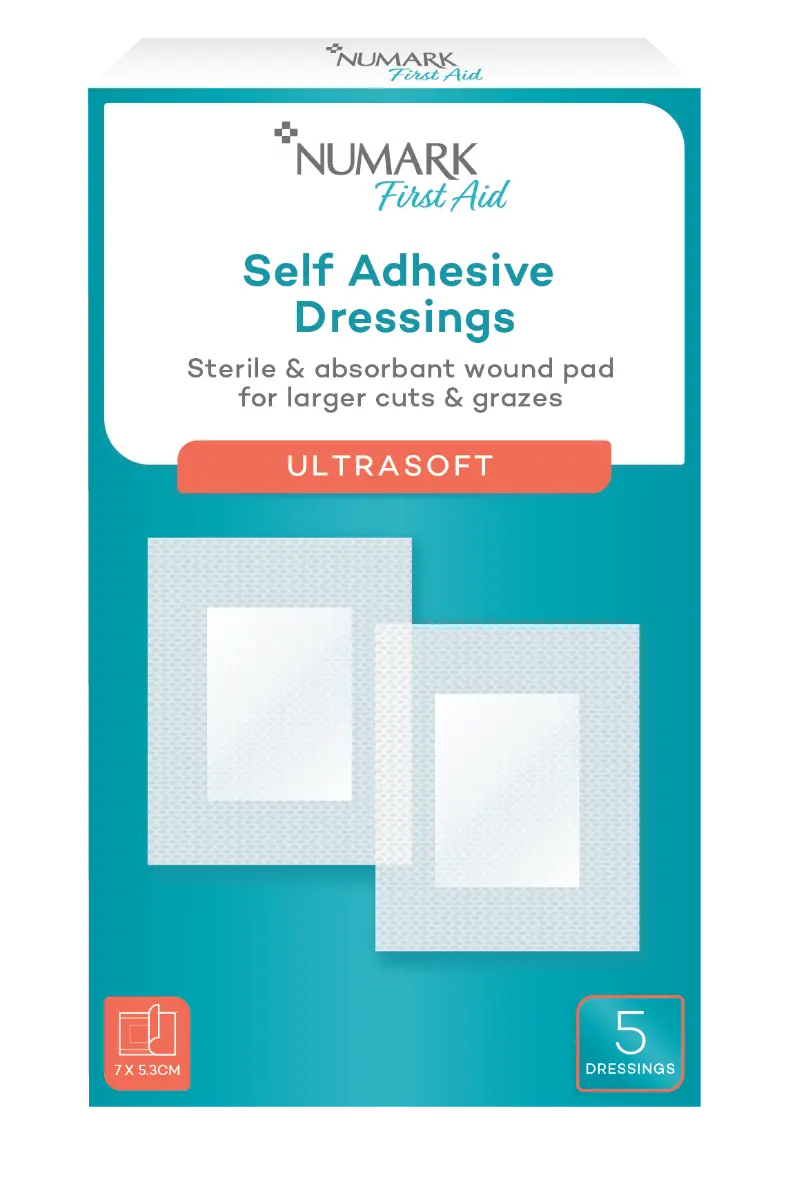 Numark self-adhesive dressing applied to a wound, showing sterile, flexible medical adhesive for wound protection and healing.