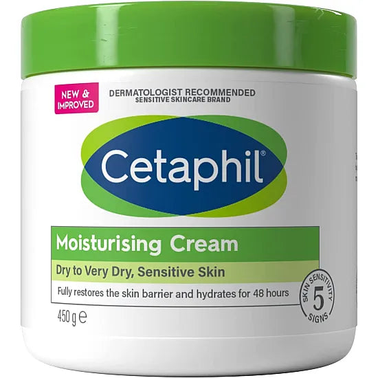 Cetaphil Moisturising Cream in a 450g jar, smooth and creamy texture, suitable for dry and sensitive skin.