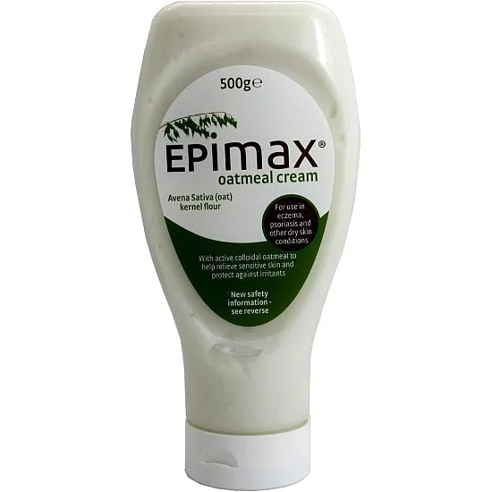 Epimax Oatmeal Cream jar with label, creamy texture visible, designed for soothing and moisturizing dry skin.