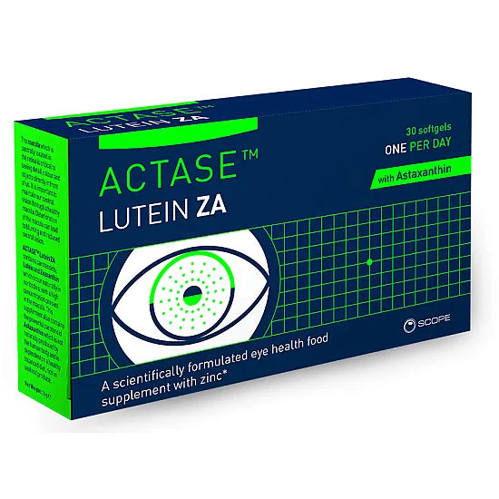 Actase Lutein ZA Macular Supplement softgels, dietary supplement for eye health, in a clear container with softgel capsules.