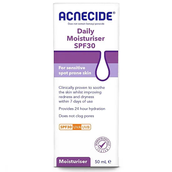 Cured Pharmacy Acnecide Daily Moisturizer SPF30 in 50ml container, showing the tube with product branding and packaging.