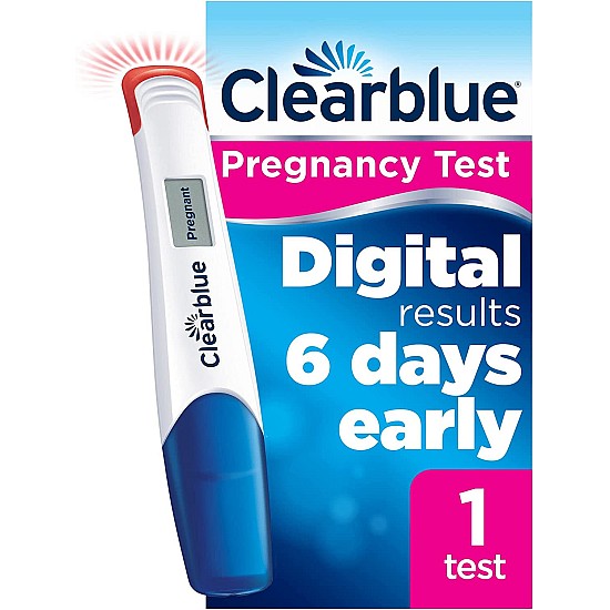 Clearblue Early Detection Pregnancy Test with white handle and test window showing a positive result, lying on a white background.