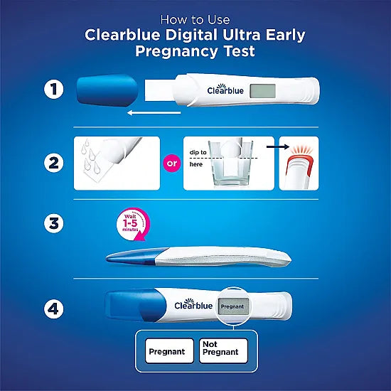 Clearblue Early Detection pregnancy test kit with a white handle and testing window, displayed on a neutral background.