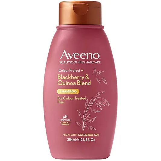 Aveeno Colour Protect+ Blackberry & Quinoa Blend Shampoo bottle, 354ml, with purple and black packaging and fresh berry design.