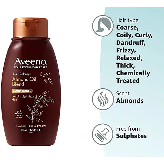 Aveeno Frizz-Calming Almond Oil Blend Conditioner in 354ml bottle, showing the conditioner with almond oil ingredients.