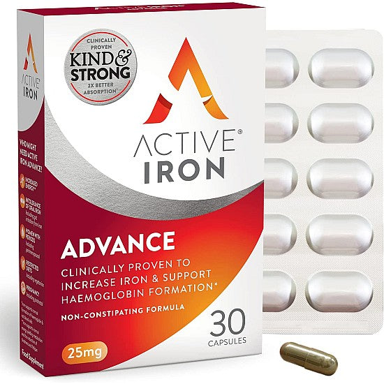 Cured Pharmacy Active Iron Advance 25mg capsules, 30 count, dietary iron supplement for improved iron levels.