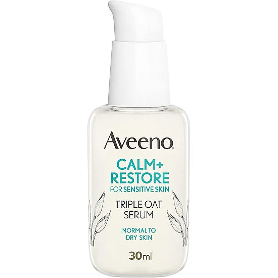 Aveeno Calm & Restore Triple Oat Serum bottle, 30ml, with soft pump dispenser and label showing oat imagery and calming skincare branding.