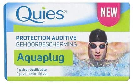 Pair of Cured Pharmacy Quies Aquaplug ear plugs for waterproof ear protection, shown in a close-up view.