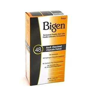 Bigen Hair Colour Dark Chestnut 48 box showing the hair dye kit with color swatch and application instructions.