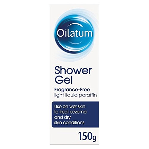 Oilatum Shower Gel 150g from Cured Pharmacy, creamy skincare product in a white bottle with blue accents.