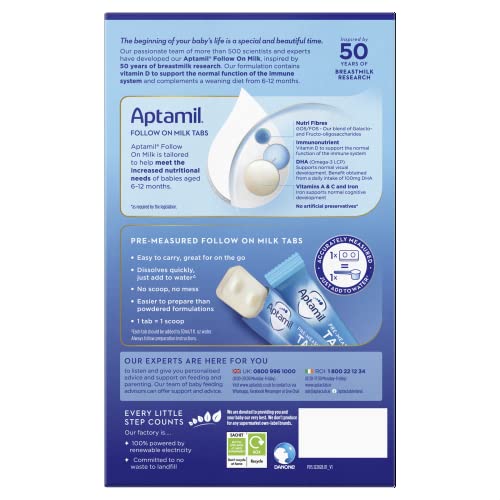 Aptamil Pre-measured Tabs 2 Follow On Milk for infants 6-12 months, in a box with tabs for easy preparation.