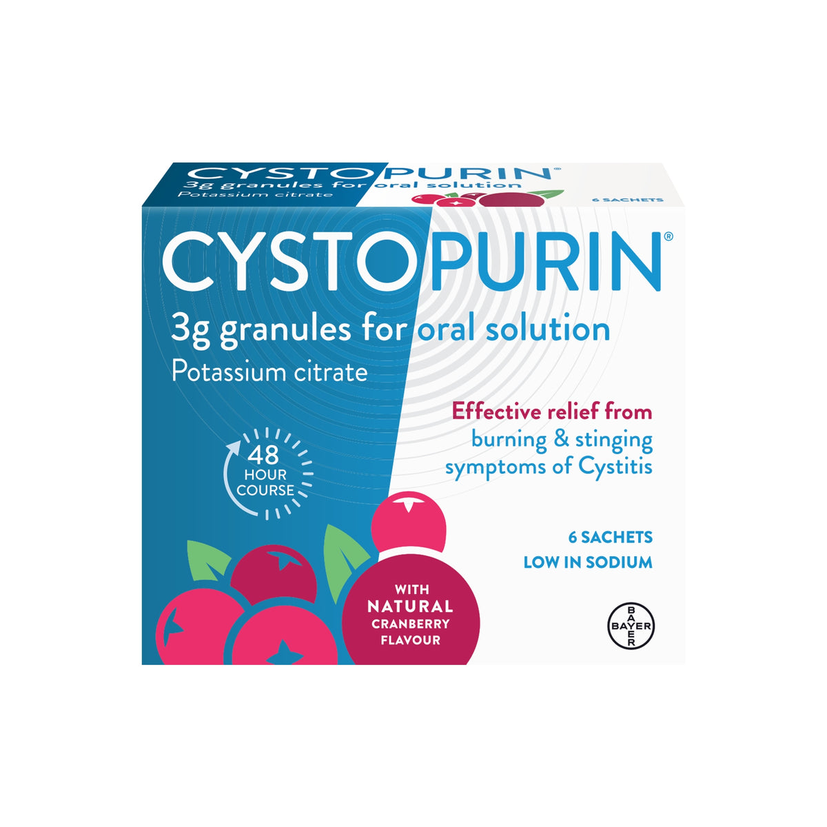 Cystopurin 3g granules in six sachets, shown in front of packaging, with branding and product label visible.